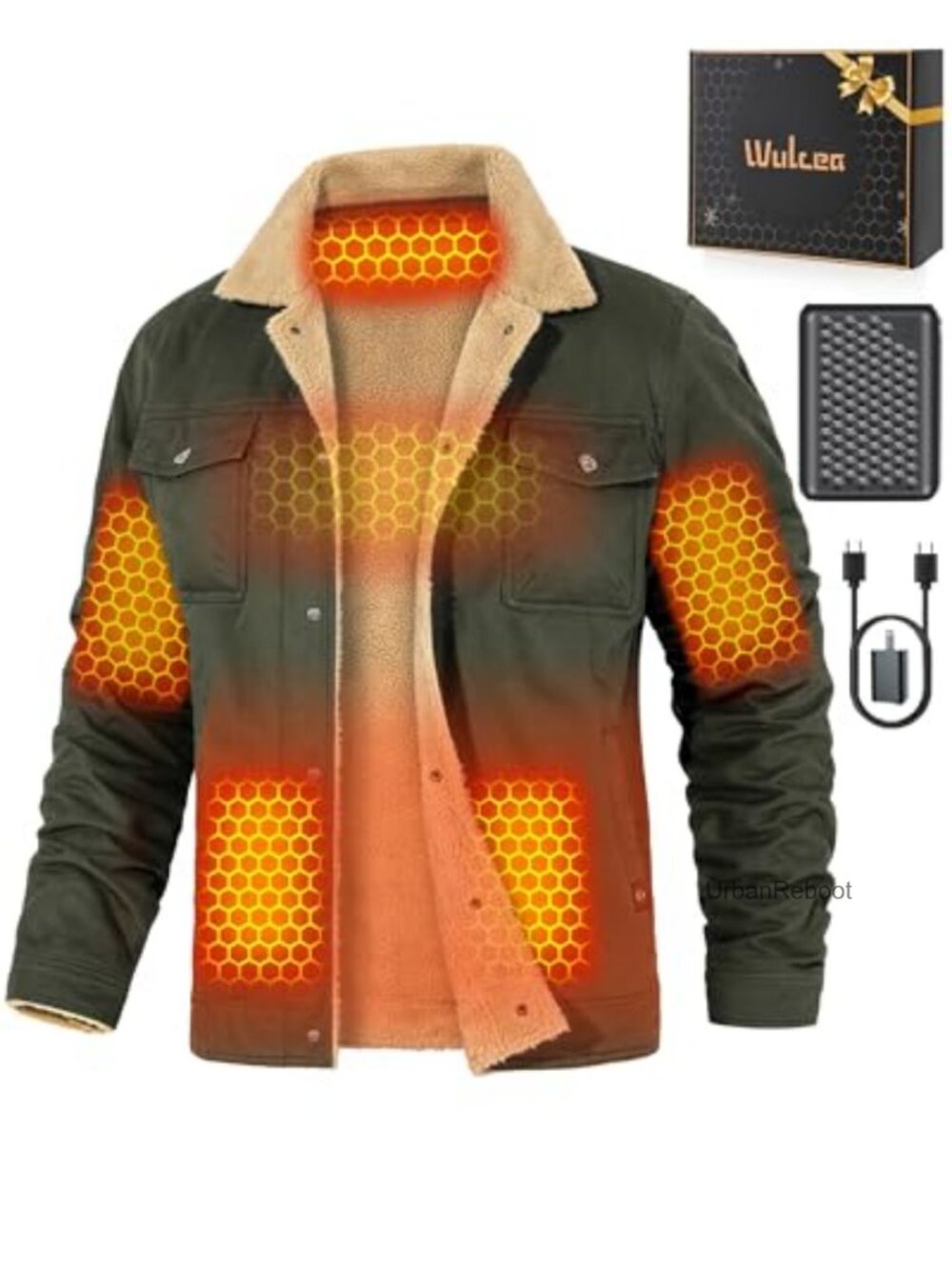 Graphene Heated Denim Jacket Fur Lined Military Coat 12V Fast Charge